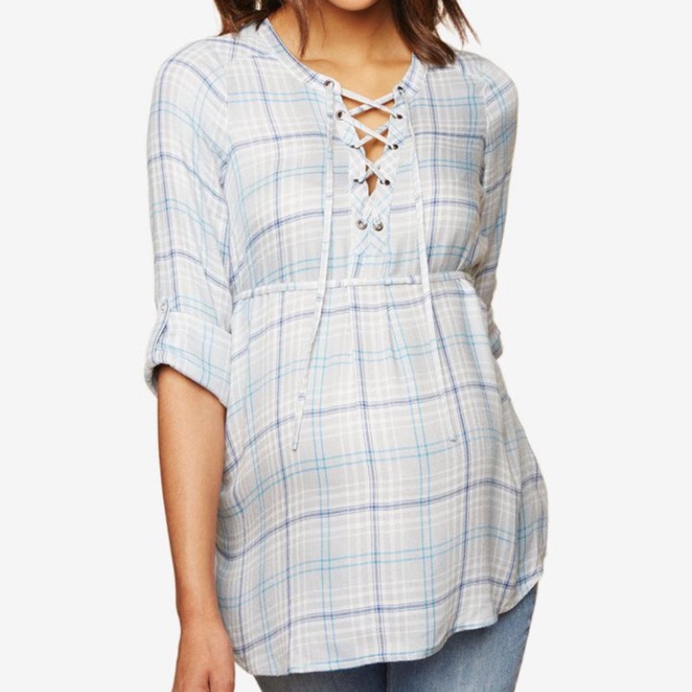 Motherhood Maternity Blue Plaid Lace Up Tunic Top